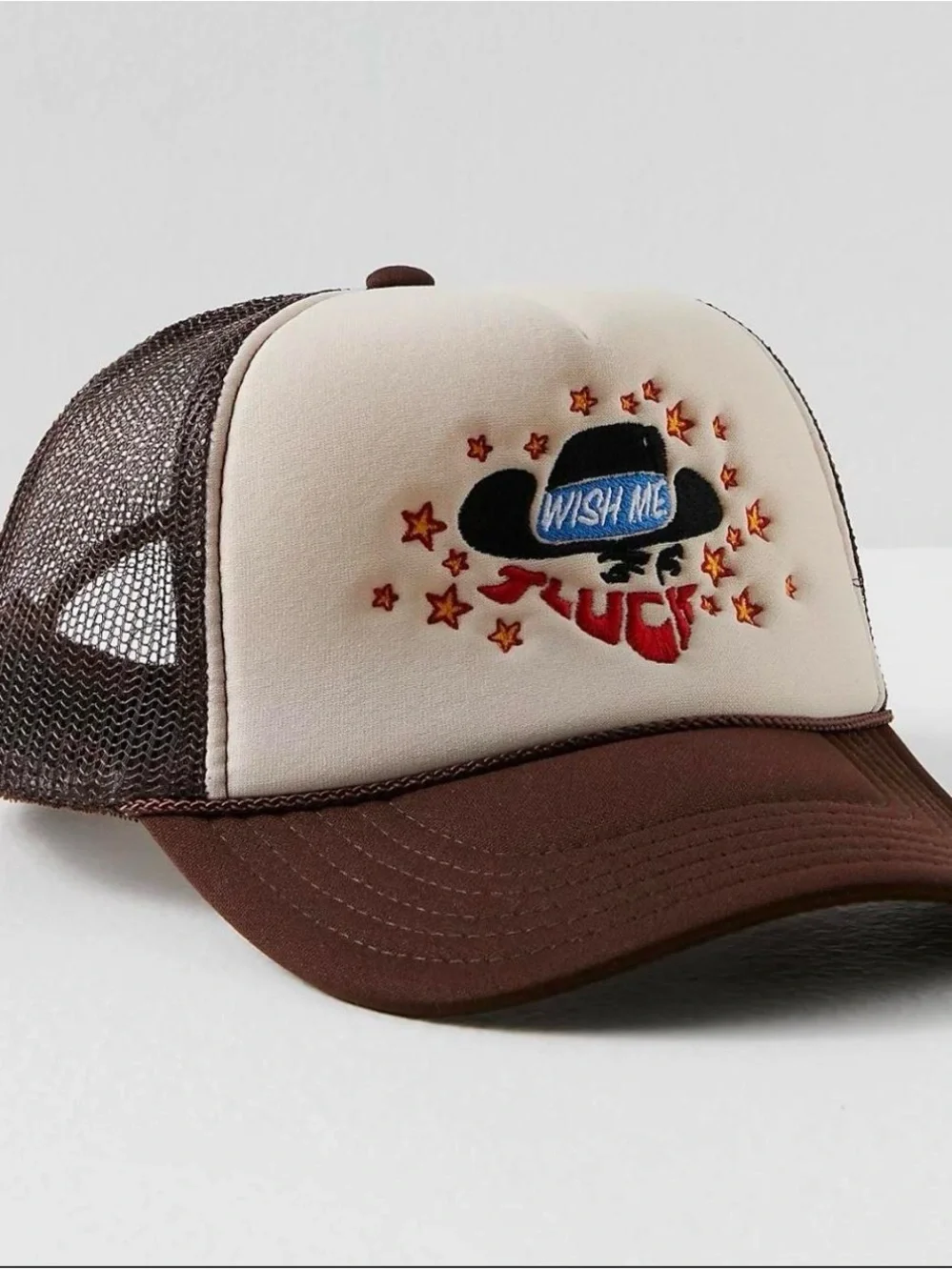 Wish Me Luck embroidered trucker hat